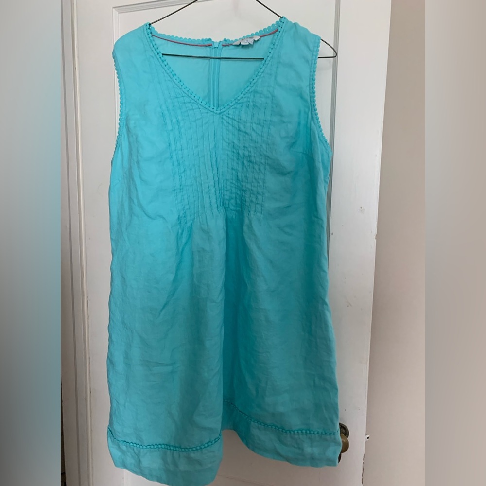 Beautiful Boden aqua linen sleeveless dress 16 R. Zips, pockets, v-neck